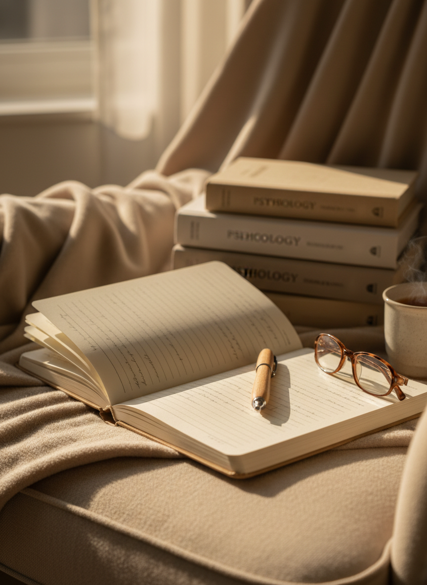 A cozy therapy journaling scene with an open cream-colored notebook filled with neat, faintly written lines, resting on a textured beige blanket draped over a soft armchair. A smooth wooden pen lies diagonally across the page, and a folded pair of reading glasses sits nearby. In the background, a small stack of psychology books with neutral-toned covers is slightly out of focus. Warm, late-afternoon sunlight filters in, casting gentle, elongated shadows and a golden glow. Photographic realism with a tranquil, introspective mood, shot at a close-up, side angle with a shallow depth of field, evoking reflection and emotional care.