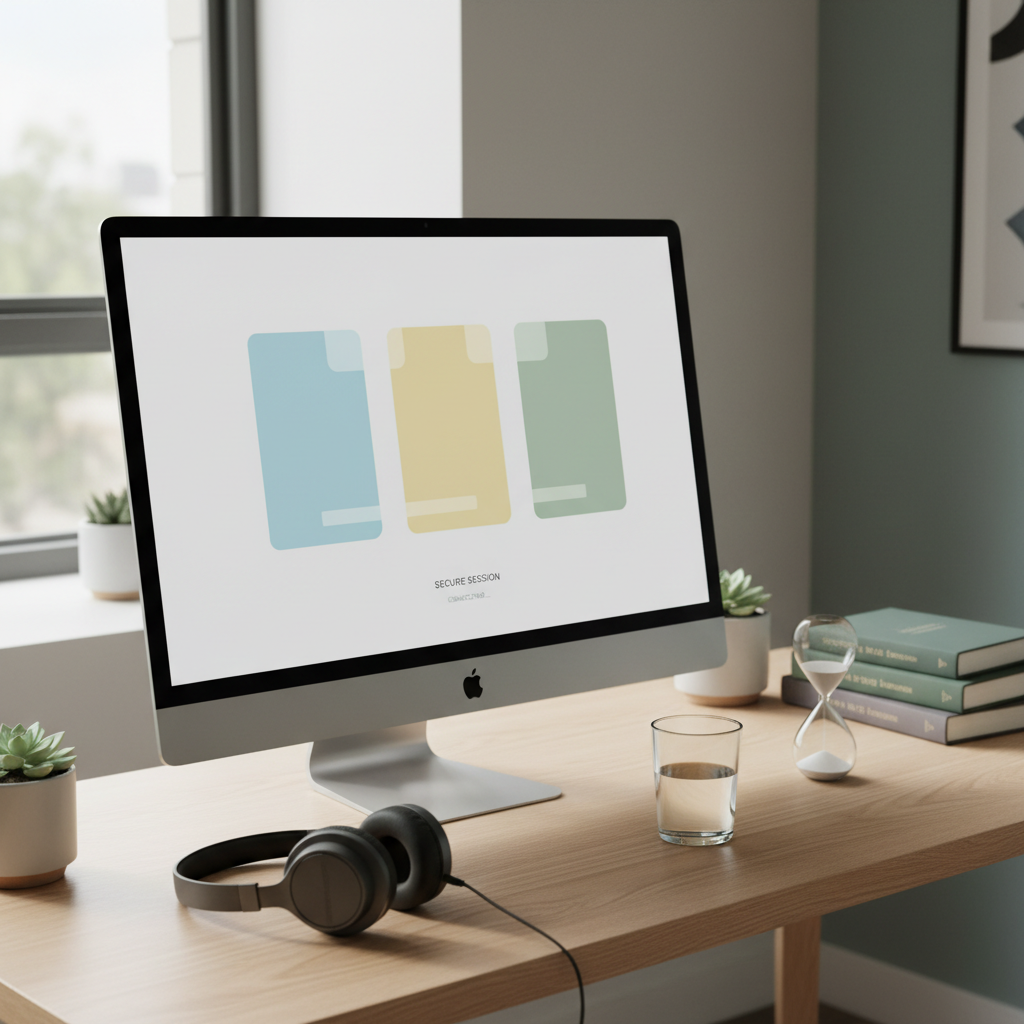 A serene digital consultation corner with a large, slim computer monitor on a pale oak desk, displaying an uncluttered interface of a secure video call platform with abstract placeholder shapes instead of faces. A pair of high-quality over-ear headphones rests beside a glass of water and a small sand timer with fine white sand. Natural, diffused afternoon light enters from the left, softly illuminating the scene and reflecting on the matte screen. The mood is safe, confidential, and professional. Photographic, high-resolution style, captured from a slightly elevated angle with balanced composition, emphasizing clarity and organization, symbolizing structured online psychological care.