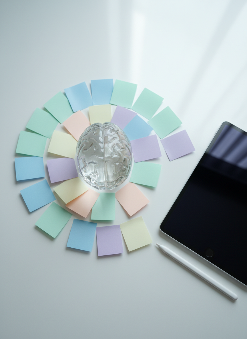 A symbolic mental health composition featuring a translucent glass brain sculpture with softly defined lobes, placed at the center of a white desk. Around it lie neatly arranged pastel sticky notes, each blank, radiating outward like organized thoughts. A closed tablet with a dark, reflective screen and a sleek stylus sit to one side. Cool, diffused daylight from above creates delicate highlights along the glass edges and subtle reflections on the desk. The atmosphere is calm, thoughtful, and scientific yet approachable. Photographic style with a slightly elevated overhead angle and sharp focus, ideal to convey psychological insight and structured emotional understanding in an online setting.