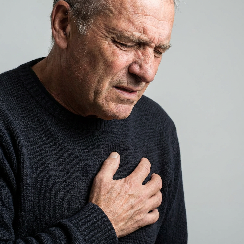 An older man grimacing in pain while clutching his hand to his chest.